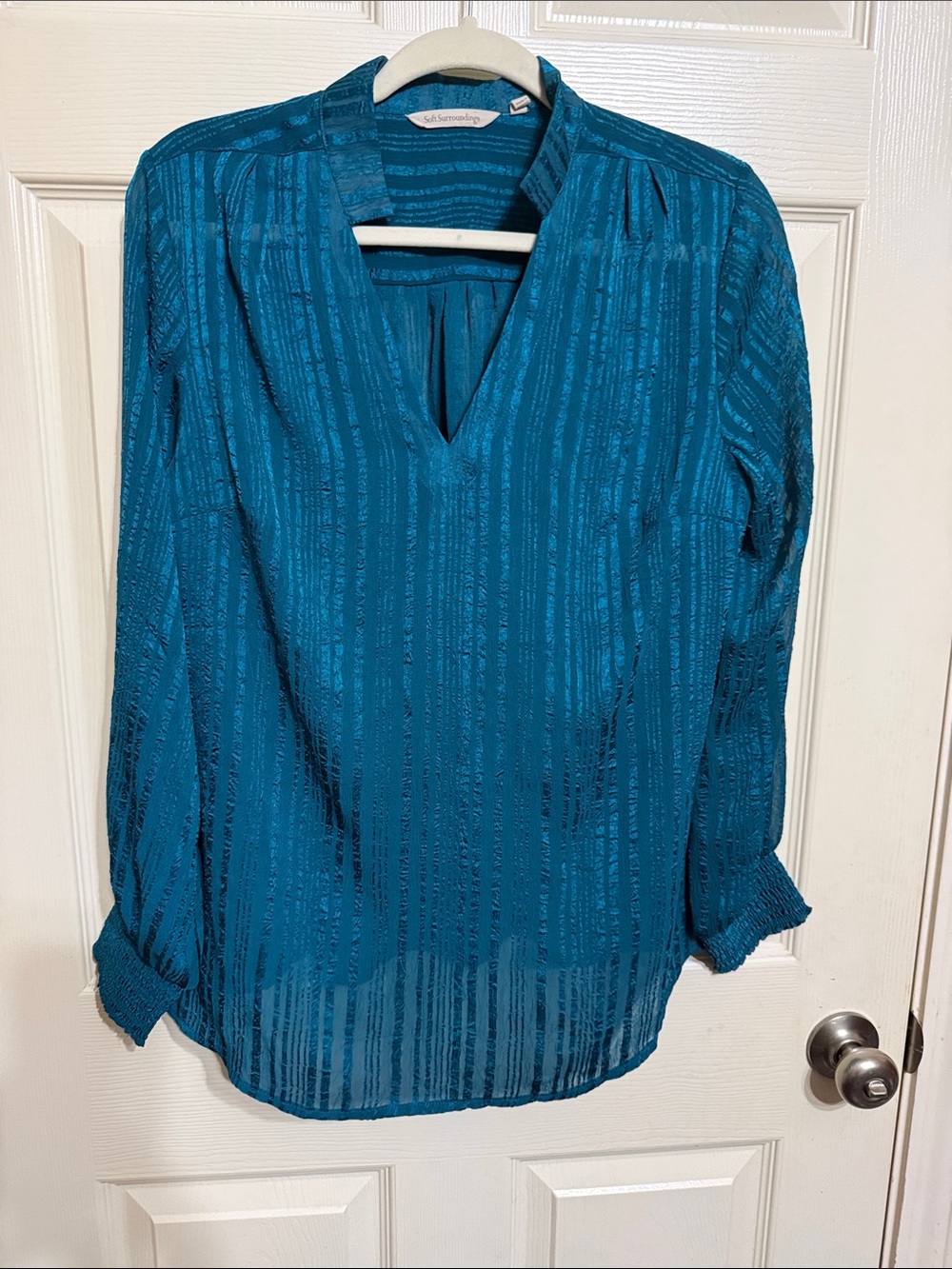 Saks Fifth Avenue Teal Textured V-Neck Long-Sleeve Blouse